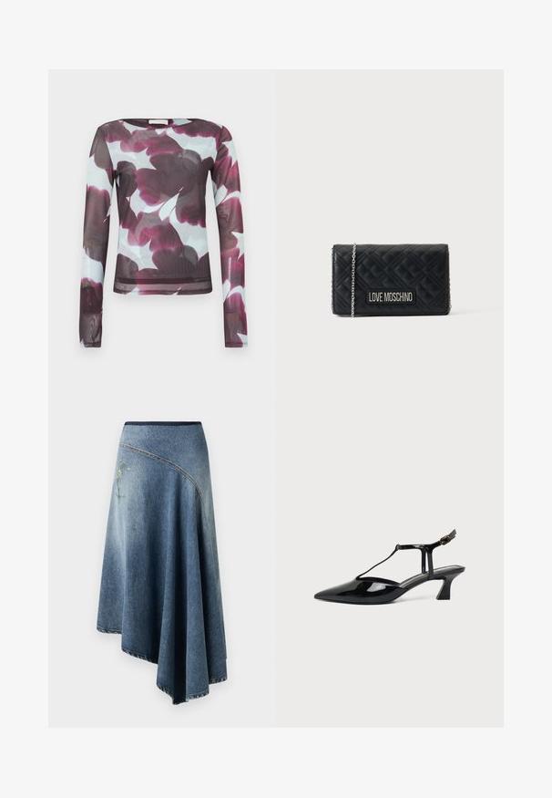 Langärmeliges, halbtransparentes Oberteil mit abstraktem großem lila und schwarzem Blumenmuster auf hellblauem Hintergrund.; Denim-Wickelrock in einem hellen bis dunklen Blauton-Gradient, mit einem gestickten Blumenmuster auf einer Seite und sichtbaren Stichdetails entlang der Ränder.; Schwarzer Slingback-Damenschuh aus Lackleder mit niedrigem Absatz, spitzer Spitze und dünnem Riemen mit kleiner Schnalle.; Schwarze gesteppte Lederhandtasche Love Moschino mit silberner Kette und Logoaufnäher auf der Vorderseite vor einfarbigem Hintergrund.