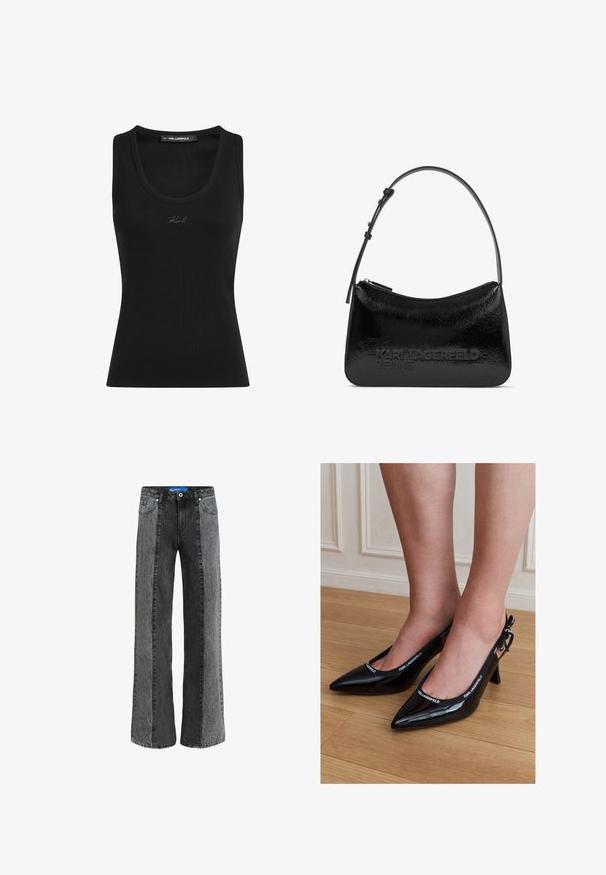 Camiseta sin mangas negra de canalé con escote redondo y pequeño logo bordado "Karl" en el pecho, etiqueta Karl Lagerfeld en el interior del escote.; Jeans de pierna ancha en denim negro y gris. Presentan una cintura alta con cierre de botón, cinco bolsillos y paneles verticales en contraste.; Tacones de hebilla trasera de punta afilada de charol negro con ribete con marca KARL LAGERFELD, usados en pies que están de pie sobre suelo de madera.; Bolso de mano de charol negro con forma curva, cierre de cremallera y logo en relieve "KARL LAGERFELD JEANS" en el frente. Incluye una correa ajustable.