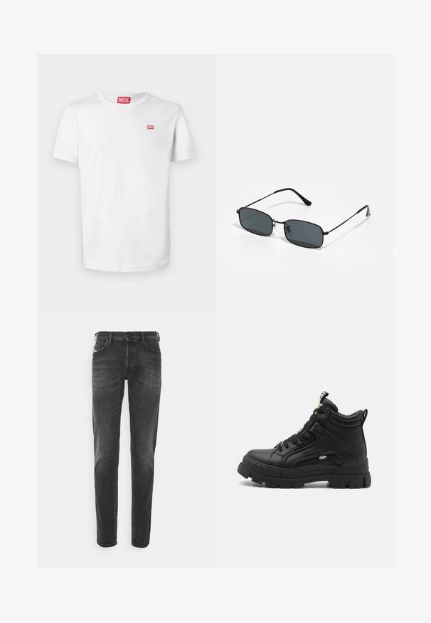 Weißes Baumwoll-T-Shirt mit V-Ausschnitt, kurzen Ärmeln und kleinem rotem Diesel-Logo auf der Brust. Glatte Textur, schlichtes Design.; Schwarze Denim-Jeans mit klassischem geradem Schnitt, subtiler Ausbleichung und Fünf-Taschen-Design mit kontrastierenden Nähdetails.; Schwarze hoch geschnittene Schuhe aus strukturiertem Leder, mit einer dicken Gummisohle, Schnürung vorne und einem kleinen Logodetail an der Seite.; Schwarze rechteckige Sonnenbrille mit dünnem Metallrahmen und dunklen Gläsern, die auf einer weißen Oberfläche liegt.