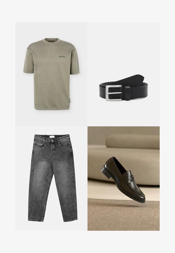 Lyse olivengrøn kortærmet strikket T-shirt med rund halsudskæring og lille sort "Marc O'Polo" logo på venstre bryst.; Sorte vasket straight-leg jeans med for- og baglommer, bæltestropper og knaplukning i taljen.; Sort lædersko med slip-on design, svævende over beige tæppe med beige sofa i baggrunden, der fremhæver klassisk herrestil.; Sort læderbælte med en glat overflade, sølv rektangulær spænde og en løkke til enden. Har pæne stikninger langs kanterne.