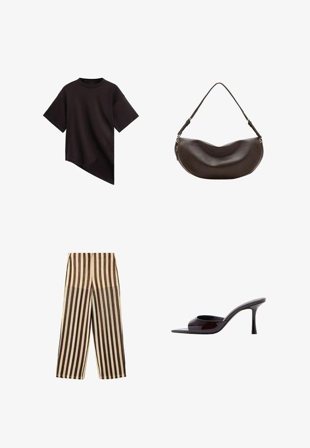 T-shirt noir à manches courtes avec col rond et ourlet asymétrique s'inclinant en diagonale de gauche à droite.; Pantalon à jambes larges avec des rayures verticales dans différentes nuances de marron et beige, en tissu texturé.; Mule en cuir verni noir à bout ouvert avec un talon stiletto fin de hauteur moyenne et une bride supérieure basse.; Sac à bandoulière en cuir marron foncé avec une forme courbée, une sangle réglable et une fermeture éclair dorée le long du bord inférieur.
