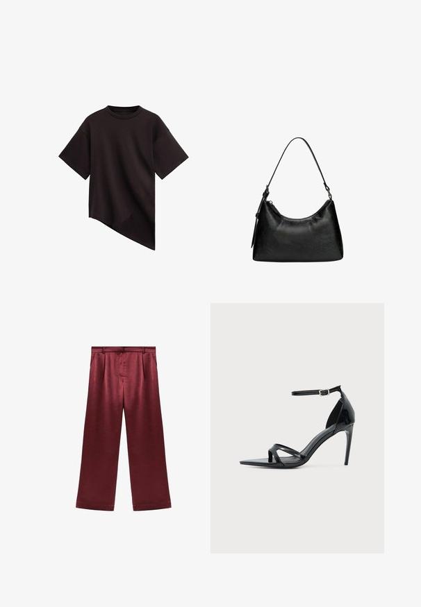 T-shirt noir à manches courtes avec col rond et ourlet asymétrique s'inclinant en diagonale de gauche à droite.; Pantalons larges bordeaux en satin avec une texture lisse, dotés d'une taille haute et de deux poches latérales pour un détail fonctionnel.; Sandale à talon haut en cuir verni noir avec fine bride à la cheville, bout ouvert et design minimaliste sur fond clair uni.; Sac à main noir en simili cuir avec une forme incurvée, poignée courte, fermeture éclair et un motif texturé subtil sur la surface.
