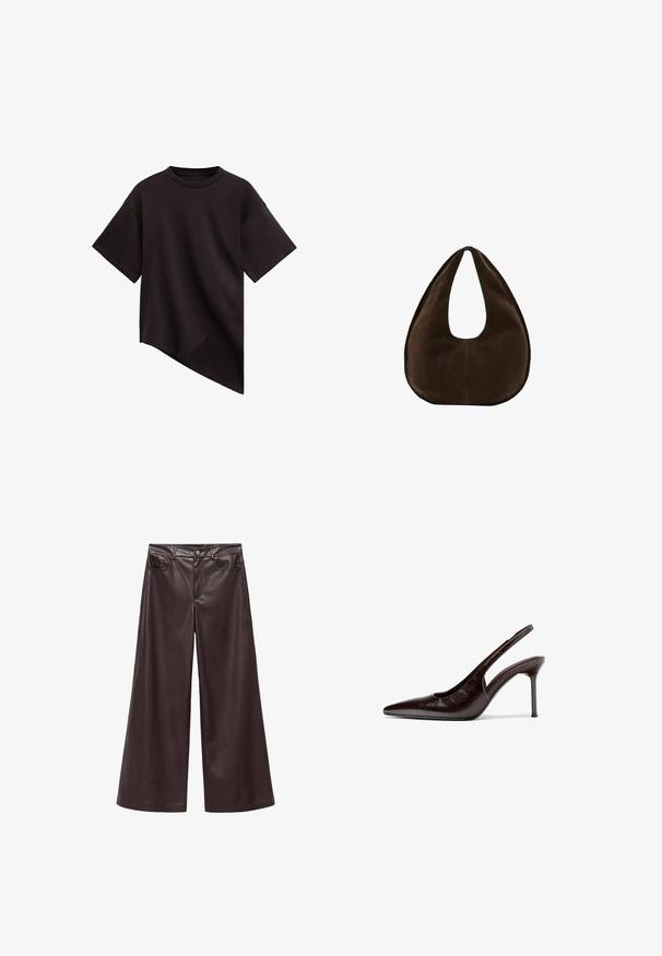 Sort T-shirt med korte ærmer, rund hals og asymmetisk kant, der skråner diagonalt fra venstre mod højre.; Brune faux læder wide-leg bukser med høj talje, der har forlommer og klassisk knaplukning. Glat tekstur og mat finish.; Mørkebrunt læder, kvindes slingback højhælet sko med spids tå og slank stiletthæl på hvid baggrund.; Mørkebrun ruskind skuldertaske formet som en halvmåne med en bred rem og glat tekstur på en hvid baggrund.