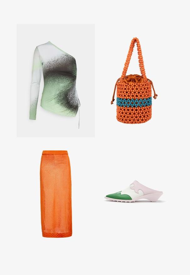 Elleme ONE SHOULDER - T-shirt à manches longues - light green/white; Jupe midi orange en tricot avec un design en maille. Dotée d'une taille ajustée et d'une finition légère et texturée.; Chaussure mule à enfiler avec bout pointu vert, empeigne blanche avec surcouche ondulée rose et petit talon incliné sur fond blanc.; Petit sac seau cylindrique avec perles en bois orange et bleu, pochette en satin à cordon à l'intérieur et anse perlée.
