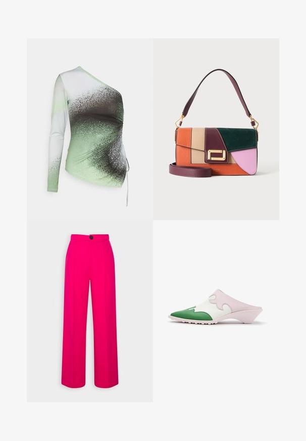 Elleme ONE SHOULDER - Langærmet T-shirt - light green/white; Fuchsia brede bukser med høj talje, frontfald og en enkelt sort knaplukning. Glat tekstur og skræddersyet design.; Slip-on mule sko med spids grøn tå, hvid overdel med pink bølget overlay og lav skrå hæl på hvid baggrund.; Farveblok-læderhåndtaske i orange, beige, bordeaux, grøn og lyserød med guldlås og dobbelt bordeaux stropper, en kort og en lang.