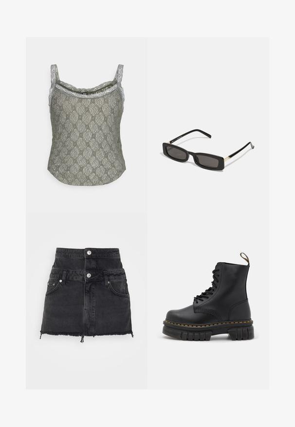 Débardeur en dentelle olive avec des finitions gris clair. Présente un motif floral complexe et des bretelles spaghetti ajustables. Texture douce.; ONLY ONLMILLION SKIRT - Jupe en jean - dark grey denim; Botte en cuir noir à lacets avec une semelle épaisse, des coutures jaunes, un bout arrondi et une languette à l'arrière pour faciliter l'enfilage.; Lunettes de soleil noires rectangulaires avec des verres sombres, monture en plastique brillant et accents dorés sur les branches. Design minimaliste et forme épurée.