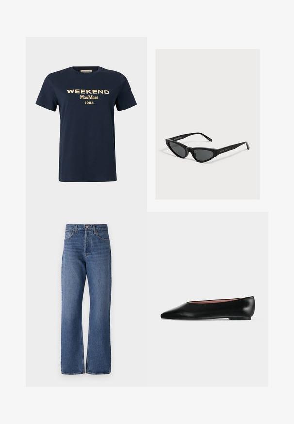Navy blauwe T-shirt met korte mouwen met beige tekst "WEEKEND MaxMara 1983" bedrukt op de voorkant tegen een effen achtergrond.; Blauwe denim jeans met een hoge taille, wijde pijpen, klassiek vijf-pocket ontwerp en subtiele vervagingen in de stof.; Zwarte leren damesschoen met platte zool, puntige neus en lage hak, zijwaarts afgebeeld tegen een effen lichtgrijze achtergrond.; Zwarte cat-eye-zonnebril met donkere glazen en dunne pootjes, gebrandmerkt met "MAGDA BUTRYM" aan de zijkant.