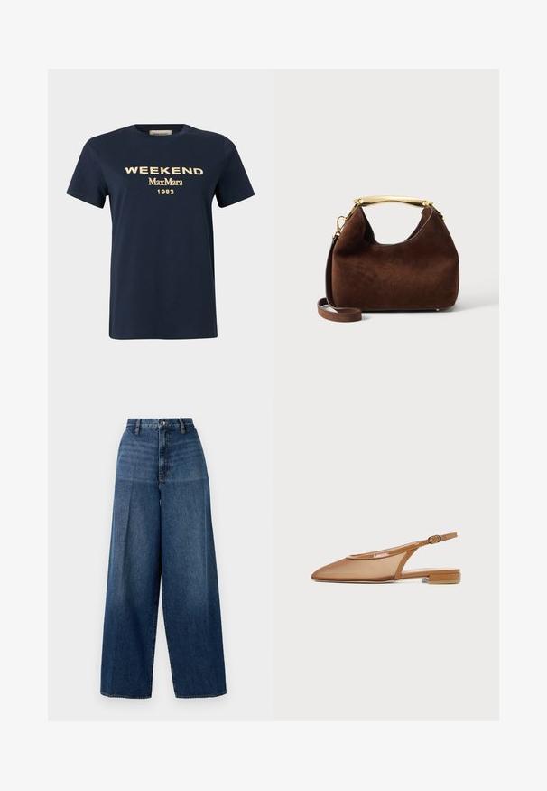 T-shirt bleu marine à manches courtes avec texte beige "WEEKEND MaxMara 1983" imprimé sur le devant sur un fond uni.; Jeans en denim à jambes larges de couleur bleu foncé. Présentent une taille haute, une fermeture à glissière et une décoloration subtile. Fabriqués à partir d'un tissu en coton texturé.; Chaussure plate à bride arrière marron avec bout pointu, fine bride avec boucle et petit talon bloc sur fond blanc.; Sac à main en daim marron avec une poignée en métal doré incurvée et une bandoulière amovible assortie sur fond uni.