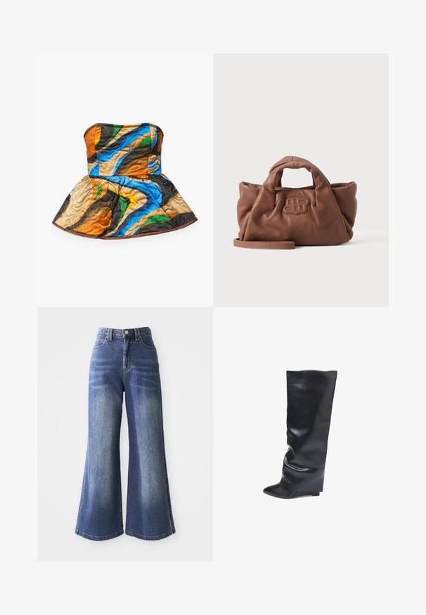 Gestepptes, trägerloses Oberteil mit einem Peplum-Design. Es hat farbenfrohe Muster in Orange, Blau, Grün und Braun auf einem strukturierten Stoff.; Weite Denim-Jeans in Mittelblau mit hoher Taille, fünf Taschen und kontrastierenden Nähten an den Säumen und Seiten.; Bata Keilstiefel - nero; Weiche braune Lederhandtasche mit kurzen Griffen, einem vorne aufgenähten Logo und einem abnehmbaren langen Riemen auf schlichtem hellem Hintergrund.