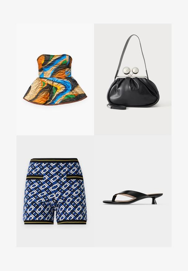 Top sin tirantes acolchado con un diseño de peplum. Presenta patrones coloridos en naranja, azul, verde y marrón sobre una tela texturizada.; Bermudas tejidas con un diseño geométrico en azul, negro y blanco, con acentos amarillos en contraste y bolsillos en los laterales.; Sandalia de cuero negra con tiras tipo tanga, tacón bajo de tipo kitten y puntera ligeramente cuadrada sobre fondo gris claro liso.; Bolso de mano de cuero negro con diseño fruncido, una sola correa, marco metálico plateado y dos cierres grandes redondos de plata.