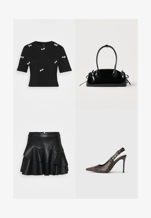 T-shirt noir en coton présentant des manches courtes et des appliqués en forme de nœud en blanc décoratifs dispersés sur le devant et les manches.; Jupe mini en cuir noir avec une taille ajustée et trois niveaux de volants, présentant une texture lisse et une fermeture éclair dissimulée à l'arrière.; Chaussure à talon haut slingback en cuir marron, à bout pointu, avec une sangle réglable et un talon aiguille noir sur fond uni.; Petit sac à main noir brillant avec deux longues anses et des détails à cordon sur les côtés sur un fond clair uni.