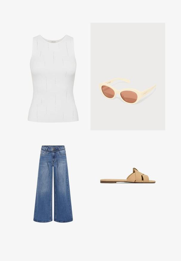 Hvid ærmeløs top lavet af ribbet stof med lodrette linjer af små sølvfarvede nitter som dekoration og en rund halsudskæring.; My Essential Wardrobe MWKARO 144 MID XWIDE - Wide leg - medium blue wash; Beige flad slidssandal med brede krydsede remme og åben tå på en lav sål.; Solsikker med en lys gul ramme, ovale linser med en brun nuance og "vogue" logo trykt på stængerne. Glat overflade, moderne design.