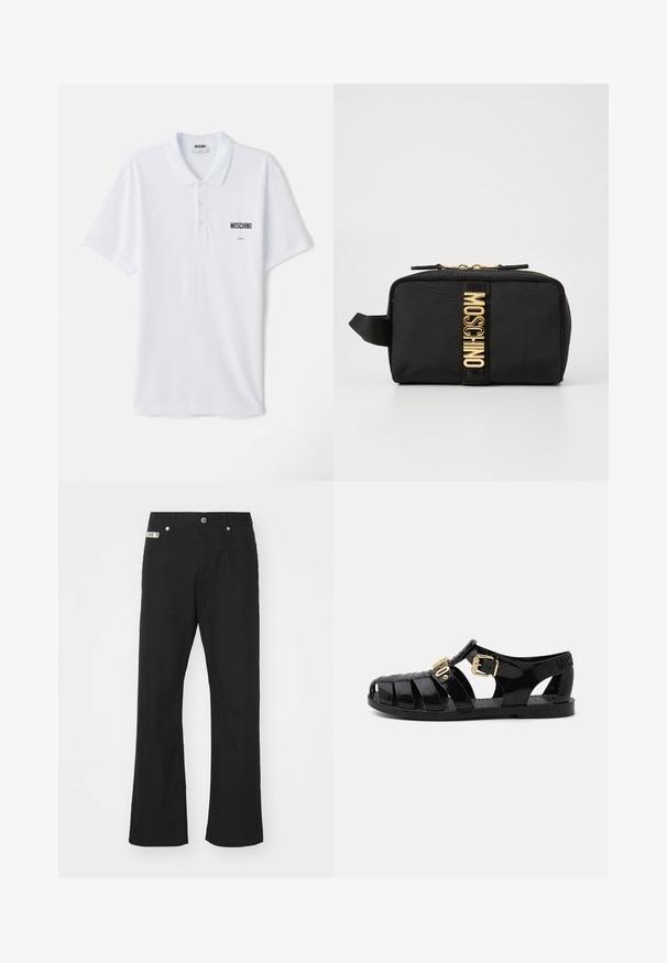 Hvid polo t-shirt lavet af bomuld, med en tre-knaps knaplukning, korte ærmer og et lille sort "Moschino" logo på brystet.; Svarte bomuldsbukser med lige ben-design, der har en frontknaplukning, to sidelommer og et lille mærke på linningen.; Svarte gummisandaler med udskæringsdesign, der har en gylden spænde-lukning og en tekstureret indersål. Præget logo på hælen.; Sort stof kosmetikpose med rektangulær form, guld "MOSCHINO" logo, lynlås lukning og en sideløkke til nem håndtering.