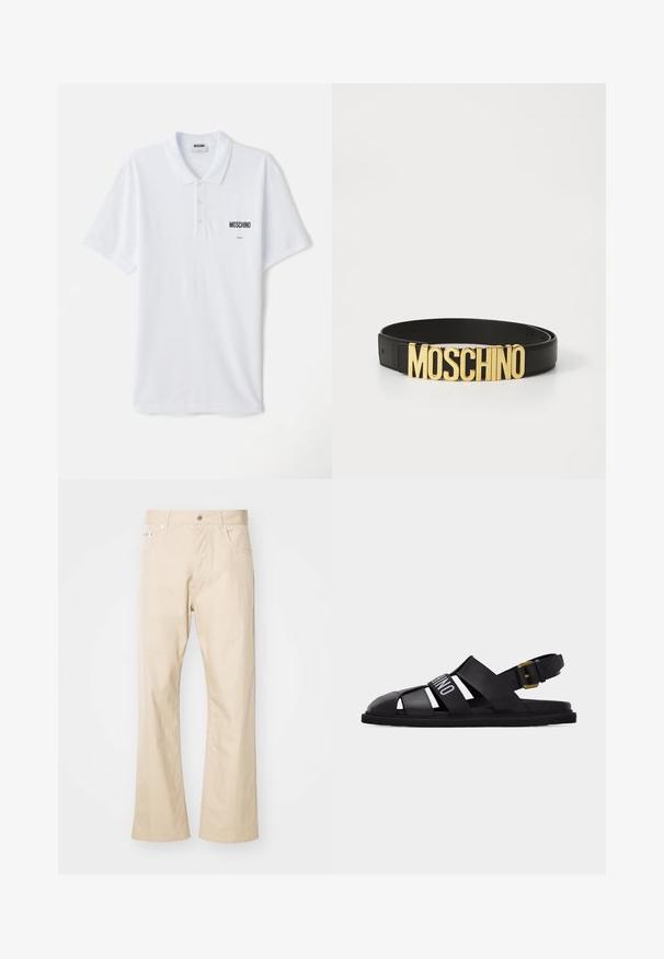 Valge puuvillane polo särk, millel on kolmest nupust koosnev placket, lühikesed varrukad ja väike must "Moschino" logo rinnal.; Beige puuvillased püksid, otse jalaga disainiga, kahe esitasku, vööde jaoks silmade ja metallnuppkinnitusega.; Mustast nahast kaluristiilis sandaal reguleeritava pahkluu rihma, kuldse pandla ja valge brändikirjaga esi-rihmal.; Must kollane nahkvöö, millel on suur kuldne "MOSCHINO" logo pandla, sile tekstuur, reguleeritav suurus ja minimalistlik disain.