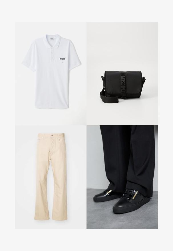 Valge puuvillane polo särk, millel on kolmest nupust koosnev placket, lühikesed varrukad ja väike must "Moschino" logo rinnal.; Beige puuvillased püksid, otse jalaga disainiga, kahe esitasku, vööde jaoks silmade ja metallnuppkinnitusega.; Mustad nahast tennisekad, millel on läikivad aksessuaarid, tekstuuriga paelad ja lukuga detail; koos tumedate, vabalt langevate pükstega hallil põrandal.; Must mustruum kotkas mustast nailonist, millel on klapp, esitleb silmapaistvat logo rihma sulgemist, reguleeritavat rihma ja külgõmbluste üksikasju.
