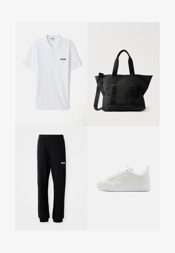 Hvid polo t-shirt lavet af bomuld, med en tre-knaps knaplukning, korte ærmer og et lille sort "Moschino" logo på brystet.; Sorte sweatpants med en afslappet pasform, lavet af blødt stof. Har en elastisk talje og hvidt "Moschino" logo på venstre lår.; Hvide sneakers med præget MCM-logo, glat læderoverdel, rund tå, tynde snørebånd og struktureret gummisål. Guldfarvet detalje nær hæltab.; Sort nylon shopper med to øverste håndtag, justerbar skulderrem og en lille vedhæftet mærkat, med lodret MOSCHINO-tekst på forsiden.