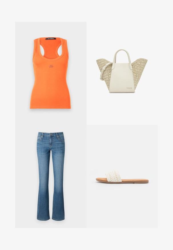 Top de tirantes naranja acanalado con un escote redondeado y tirantes anchos. Presenta un pequeño logo bordado en la parte frontal. Textura suave.; Jeans acampanados azul denim, con una cintura alta, cinco bolsillos y un ligero desvanecimiento en los muslos, con costuras cosidas.; Sandalia deslizante blanca tejida con textura trenzada y cuentas decorativas, que cuenta con una plantilla suave en tono marrón y suela plana de goma.; Bolso de mano de cuero crema y paja trenzada con dos asas superiores, correa ajustable y logo "TOUS" en el centro delantero.