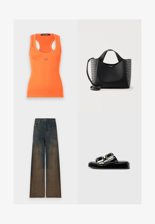 Ribbede orange top med rund halsudskæringer og brede stropper. Har et lille broderet logo på forsiden. Glat tekstur.; Bredde ben jeans i mørk denim med en gradientfade fra mørk til lys brun, med et klassisk fem-lomme design og metalknaplukning.; Sorte slides med lakfinish, to remme med spænder, rundet tå og en tyk plateau-sål. Remmene har en skinnende metallisk overflade.; Sort DKNY håndtaske med tekstureret forside, monogrammerede stofsider, korte håndtag og en aftagelig skulderrem mod en hvid baggrund.