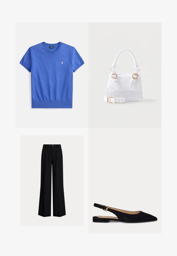 T-shirt en coton bleu à manches courtes, col rond et ourlet côtelé. Présente un petit logo brodé sur le côté gauche de la poitrine.; Pantalon noir à jambes larges avec bouton devant, passants de ceinture et ceinture plate, présenté sur un fond clair uni.; Chaussure plate slingback en daim noir à bout pointu, avec un petit talon et une bride réglable avec boucle dorée.; Sac à main structuré blanc avec poignée supérieure, deux boucles dorées sur le devant et une bandoulière amovible et réglable.