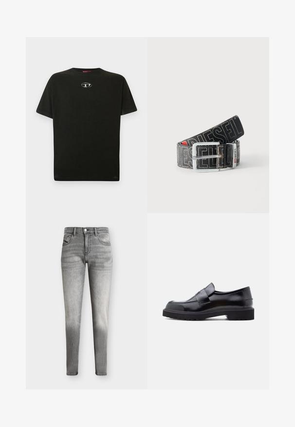 T-shirt en coton noir à manches courtes, col rond, avec un petit logo métallique sur la poitrine. Texture lisse et coupe droite.; Jean slim gris délavé avec un design à cinq poches et une fermeture par boutons, présenté sur un fond uni.; Chaussure noire en cuir à enfiler avec un design épuré, bout rond et semelle épaisse en caoutchouc texturé. Présente une sangle décorative à l'avant.; Ceinture noire Diesel avec grand texte logo blanc, boucle rectangulaire en argent, et détail de boucle métallique brandée, enroulée sur un fond clair.