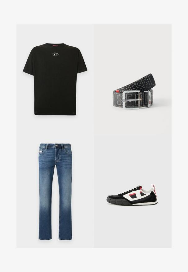 T-shirt en coton noir à manches courtes, col rond, avec un petit logo métallique sur la poitrine. Texture lisse et coupe droite.; Jeans en denim bleu pour homme, coupe droite, avec des détails décolorés, fermeture à bouton et zip à l'avant, et design à cinq poches.; Diesel S PAGODHA LOW - Baskets basses - black; Ceinture noire Diesel avec grand texte logo blanc, boucle rectangulaire en argent, et détail de boucle métallique brandée, enroulée sur un fond clair.