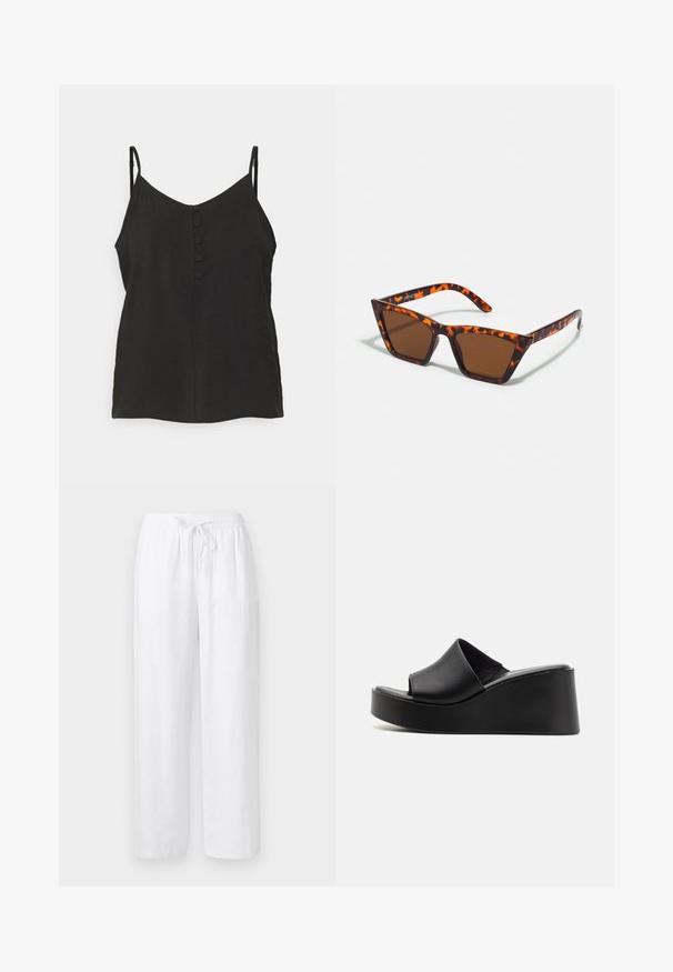 Vero Moda Petite VMQUEENY SINGLET V NECK - Débardeur - black; Pantalon ample en mélange de lin blanc avec ceinture élastique et cordon à l'avant, coupe droite.; Sandales à talons compensés en cuir noir avec un dessus lisse et un talon plateforme, présentant un design minimaliste et une finition légèrement texturée.; Lunettes de soleil teintées de brun avec un motif écaille de tortue, monture angulaire et branches fines. Matériau en plastique léger.