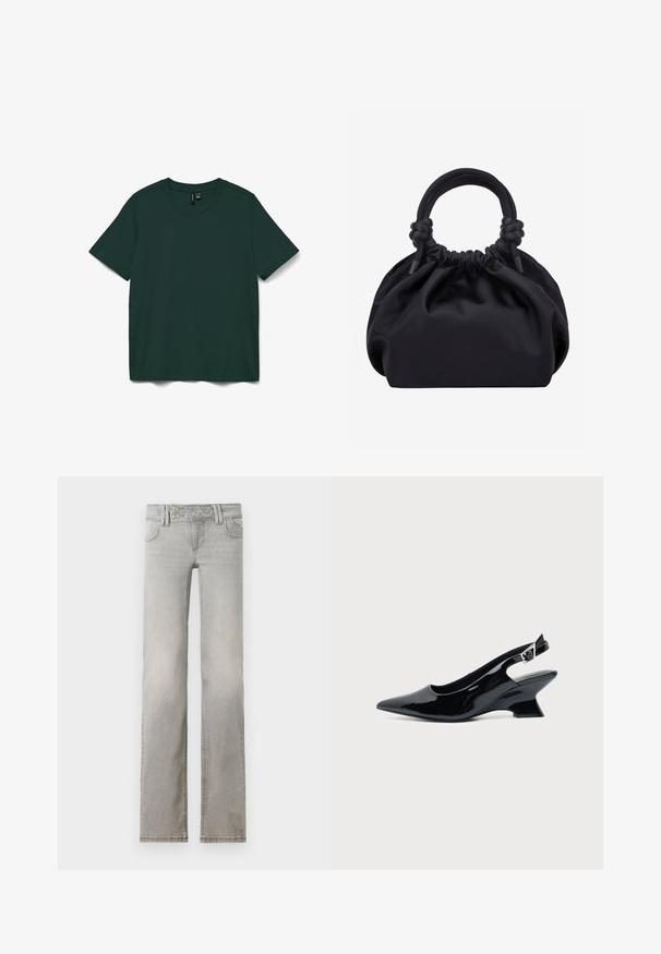 T-shirt à manches courtes vert foncé en tissu doux. Il présente un col rond et un design simple, droit. Aucun motif ni embellissement.; Jean gris clair avec une coupe droite, en denim. Il dispose de deux poches avant, d'une taille avec deux boutons et de coutures visibles.; Chaussure slingback en cuir verni noir avec bout pointu et petit talon bloc incliné sur fond clair uni.; Sac à main en tissu noir doux avec haut froncé et poignées circulaires rembourrées nouées de chaque côté.