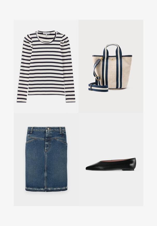 Langärmeliges, geripptes Oberteil mit horizontalen navyblauen und weißen Streifen; verfügt über einen runden Halsausschnitt und Raffungen an den Schultern.; Denimrock mit einem klassischen Blue-Wash, fünf Taschen-Design und fransigem Saum. Schließt mit einem vorderen Knopf und Reißverschluss.; Schwarzer flacher Damenleder-Schuh mit spitzer Kappe und niedrigem Absatz, von der Seite auf einfarbigem hellgrauem Hintergrund gezeigt.; Beige strukturierte Tragetasche mit navyblauen und weißen vertikal gestreiften Griffen sowie verstellbarem Schultergurt mit goldfarbenen Beschlägen.