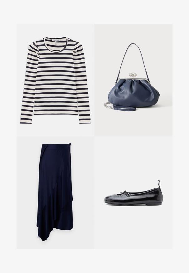 Camiseta de manga larga de canalé con rayas horizontales en azul marino y blanco; presenta un escote redondo y detalles fruncidos en los hombros.; Rabanne Falda de tubo - deep navy; Bailarinas de charol negro con punta redonda, pequeño detalle de lazo y textura suave; cuentan con una suela plana baja y una pestaña en el talón.; Bolso de mano de cuero azul marino suave con cierre de broche plateado, una correa de hombro y correa de cadena desmontable para la muñeca sobre fondo blanco.