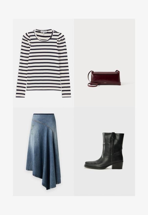 Langærmet ribbet top med horisontale navy og hvide striber; har en rund halsudskæring og sammenrullet detaljer ved skuldrene.; Denim wrap nederdel i lys til mørk blå gradient, med en broderet blomsterdesign på den ene side og synlige stikninger langs kanterne.; Sort læder ankelstøvle med rundt tå, blokhæl, lynlås i siden og stikninger på vampsiden. Glat tekstur, klassisk design.; Bordeaux læder crossbody taske med en glat tekstur, rektangulær form, flaplukning og en tynd justerbar rem. Guldlogo detalje synlig.