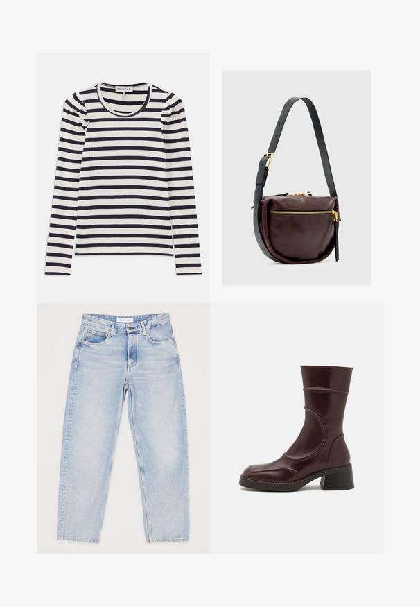 Langærmet ribbet top med horisontale navy og hvide striber; har en rund halsudskæring og sammenrullet detaljer ved skuldrene.; Lyseblå denimjeans med en afslappet pasform, fem lommer og lige ben. Begyndende slid, øverste knap og lynlåslukning.; MIISTA MALENE - Støvletter - brown; Læder crossover taske i dyb burgunder med en rund form. Har en guld lynlås-lukning og en aftagelig sort strop med guld hardware detaljer.