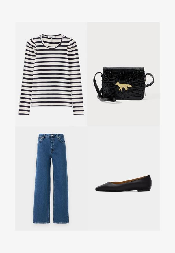 Haut à manches longues en rib avec des rayures horizontales bleu marine et blanches ; présente un col rond et des détails froncés aux épaules.; Jeans larges taille haute bleus avec bouton et fermeture éclair à l'avant, poches avant et passants de ceinture sur un fond blanc.; Chaussure plate en cuir noir à bout pointu avec talon bas et finition lisse, vue de côté sur un fond gris clair.; Sac bandoulière en cuir noir embossé effet peau de crocodile avec une longue sangle et une fermeture dorée en forme de renard sur le rabat avant.