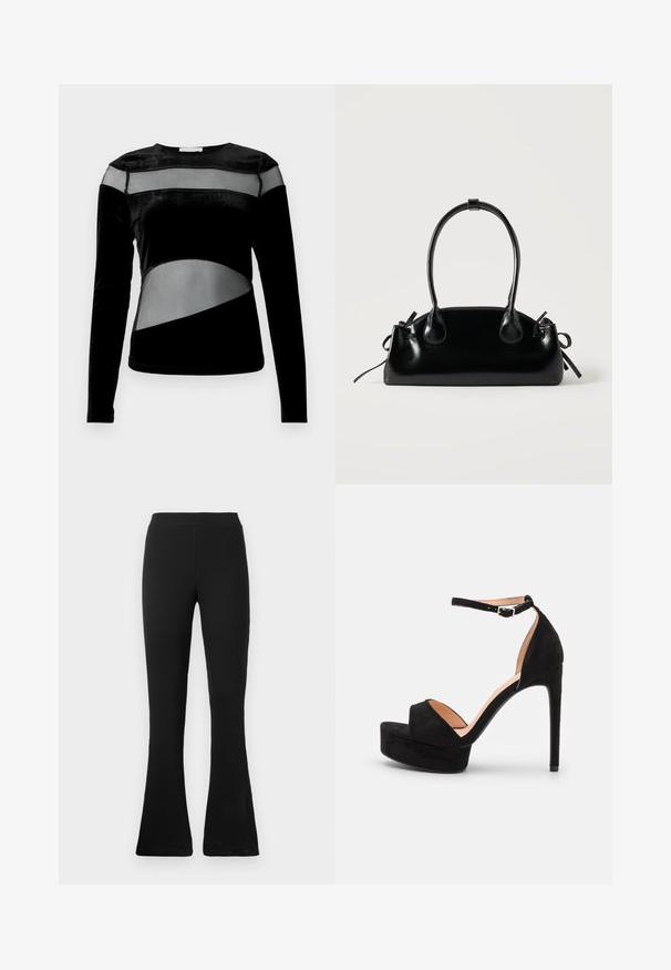 Zwarte langesleeve top met een mix van fluweel en gaas panelen, voorzien van geometrische uitsparingen en een ronde halslijn.; Zwarte geribbelde flare pants met een hoge taille. Zacht, elastisch materiaal zorgt voor een aansluitende silhouet en een flared onderkant voor stijl en comfort.; Zwarte suède hoge hakken sandaal met een platformzool, enkelband met zilveren beslag, open teen ontwerp en een gladde textuur.; Kleine zwarte glanzende handtas met twee lange hengsels en zijkant trekkoord details op een effen lichte achtergrond.
