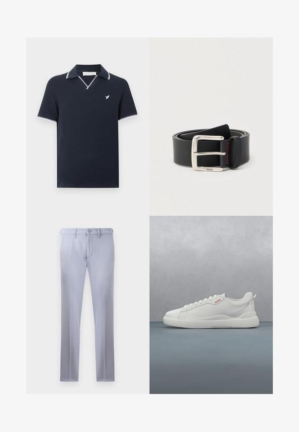 Marineblauw polohemd met korte mouwen en witte bies op kraag en mouwen, met een klein wit vogel-logo op de borst.; Lichtgrijze op maat gemaakte broeken van gladde stof, met een knoopsluiting, riemlussen en een rechte pijp. Geen zichtbare zakken.; Witte sneaker met een gladde leren afwerking, ronde neus, vier veterogen, subtiele perforaties en een rood logo detail aan de zijkant.; Zwarte leren riem opgerold met een zilveren rechthoekige gesp met kleine "HUGO" gravure en rood stiksel detail bij de lus.