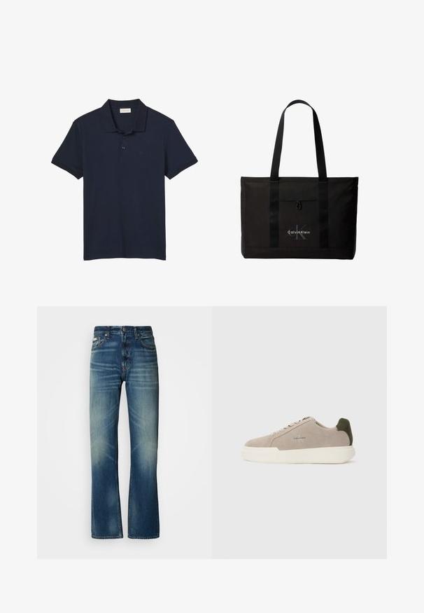 Marineblaues Poloshirt mit kurzen Ärmeln, Kragen und drei Knöpfen, mit dezentem "cK" Logo auf der linken Brust.; Blaue Jeans aus Denim mit geradem Schnitt, mittlerer Waschung, ausgewaschenen Details, fünf Taschen und einem Knopfverschluss. Auffällige Nähte entlang der Nähte.; Beige Wildledersneaker mit einer weißen Gummisohle, die einen dunkelgrünen Akzent an der Ferse und dezente Markenaufschrift an der Seite aufweisen.; Schwarze Calvin Klein Tote-Tasche mit zwei langen Griffen und Fronttasche, mit dem Markenlogo in Weiß und Grau.