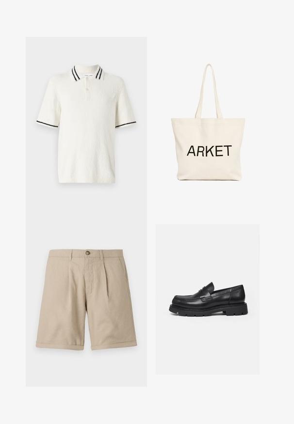 Poloko s krátkym rukávom v off-white textilnej tkanine, s pleteným golierom s dvoma čiernymi pruhmi a s troj gombíkovou légou.; Béžové ľanové šortky s rovnostraným strihom, s prednými záhybmi, zapínaním na gombík a detailmi srolovaného lemu. Hladká textúra s minimálnym dizajnom.; Čierny kožený mokasín s hrubou rebrovanou podrážkou a detailom popruhu na mincu, zobrazený pravý bočný profil na bielom pozadí.; Béžová plátená taška s dlhými rúčkami a čiernym textom "ARKET" potlačeným na prednej strane.