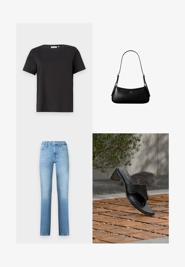Sort bomulds T-shirt med korte ærmer, rund halsudskæring og et enkelt, rent design. Ingen synlige mønstre eller udsmykninger.; Lyseblå lige jeans lavet af denim, med et klassisk fem-lomme design og et syet bæltelinje med frontknaplukning.; Sort Calvin Klein hælet sandal med tå-loop på trægulv udendørs nær et træ og en stenmur.; Sort læder mini skuldertaske med tynd rem og lille gyldent CK-logo på fronten i midten.