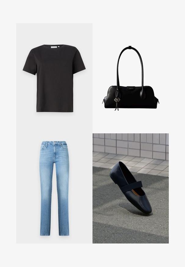 T-shirt en coton noir à manches courtes, avec un col rond et un design simple et épuré. Pas de motifs ou d'ornements visibles.; Jean droit bleu clair en denim, avec un design classique à cinq poches et une taille cousue avec fermeture à bouton sur le devant.; Chaussure plate en cuir noir avec un bout arrondi, dotée d'une douce sangle élastique noire sur le cou-de-pied. Texture lisse et design minimaliste.; Sac à main en cuir noir Calvin Klein avec de longues anses, une étiquette logo à l'avant et un charme géométrique argenté suspendu à une anse.