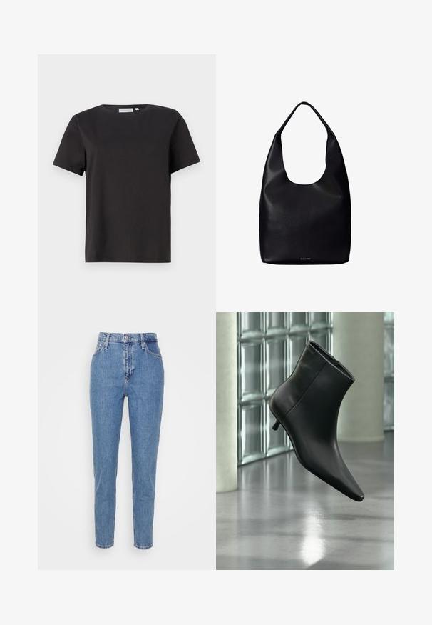Zwarte katoenen t-shirt met korte mouwen, een ronde halslijn en een eenvoudig, strak ontwerp. Geen zichtbare patronen of versieringen.; Blauwe high-waisted straight-leg jeans met een knoop en rits aan de voorkant, riemlussen en zakken, weergegeven op een effen witte achtergrond.; Zwarte leren enkellaars met spits toelopende neus en lage kittenhak, schuin weergegeven tegen een gepolijste vloer en een glazen blokken muur als achtergrond.; Zwarte leren totebag met een enkele brede schouderriem en een subtiel Calvin Klein-logo onderaan het midden.