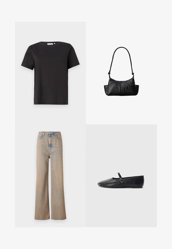 T-shirt en coton noir à manches courtes, avec un col rond et un design simple et épuré. Pas de motifs ou d'ornements visibles.; Jean large en délavé clair à taille haute, en denim. Comprend des coutures discrètes et cinq poches, avec une texture légèrement décolorée.; Ballerines noires en cuir avec un bout pointu, une semelle plate et une petite sangle avec un détail de boucle en argent.; Sac à bandoulière en cuir noir avec une longue sangle, des poches latérales et le logo Calvin Klein embossé sur le devant.