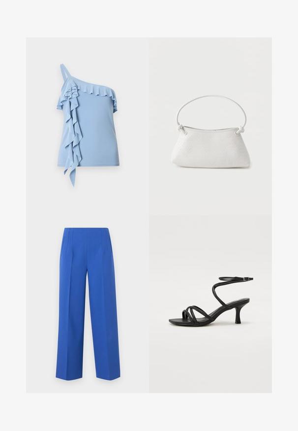 Haut asymétrique bleu clair avec finition à volants le long de l'encolure et volants en cascade sur un côté.; Pantalon bleu taille haute à jambes larges avec plis à l'avant et poches latérales, présenté sur un fond blanc uni.; Even&Odd Wide Fit by Zalando Sandales - black; Sac à main en cuir tressé blanc avec poignée arrondie et extrémités de lanière nouées, présenté sur un fond uni.