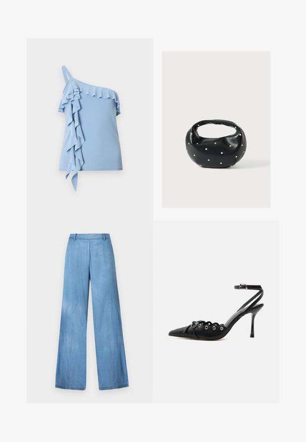 Hellblaues One-Shoulder-Top mit Rüschensaum entlang des Halsausschnitts und fallenden Rüschen an einer Seite.; Helle blaue weite Jeans aus Denim, mit hoher Taille, subtilen Verwaschungen und einem sauberen Saum ohne Verzierungen oder Taschen.; Schwarzer, spitzer High-Heel-Schuh mit geschwungenen Kanten, Metallösen, Schnürung vorne und Knöchelriemen mit Schnallverschluss.; Schwarze Lederhandtasche mit abgerundeter Form, verziert mit silbernen Nietenakzenten und kurzem Griff. Glatte Struktur und Reißverschlussverschluss.