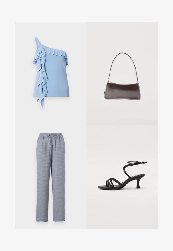 Top azul claro de un solo hombro con adorno fruncido a lo largo del escote y volantes en cascada por un lado.; Pantalones a cuadros en azul y blanco con cintura elástica y cordón, con un diseño de pierna recta y tejido ligero.; Even&Odd Wide Fit by Zalando Sandalias - black; Pequeño bolso rectangular de cuero marrón oscuro con una sola correa y cierre de cremallera dorado.