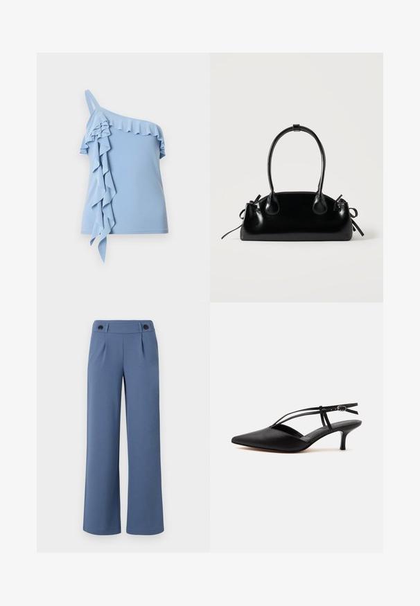 Haut asymétrique bleu clair avec finition à volants le long de l'encolure et volants en cascade sur un côté.; Pantalons larges bleus en tissu lisse, avec une taille plate, deux plis et deux boutons noirs à la taille.; Escarpin noir en cuir à bout pointu avec petit talon kitten, fine bride de cheville avec boucle, design slingback, sur un fond uni clair.; Petit sac à main noir brillant avec deux longues anses et des détails à cordon sur les côtés sur un fond clair uni.