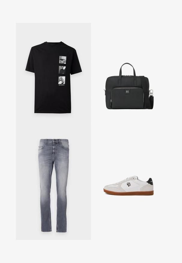 Sort bomulds t-shirt med tre monotone portræt grafikker og teksten "KARL LAGERFELD" nederst. Korte ærmer, rund hals.; Grå denimjeans med en falmet vask, straight-leg design, fem lommer, bæltestropper og en metalknaplukning i taljen.; Sko med en hvid læderoverdel og grå ruskindsdetaljer. De har en gummisål og et logo af et skægget ansigt på siden.; Sort laptop taske lavet af tekstureret kunstlæder. Har dobbelt håndtag, en aftagelig skulderrem og en frontlomme med lynlås og logo.