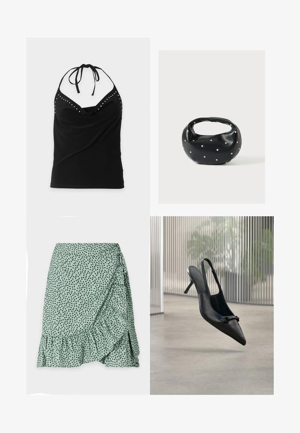 Top noir sans manches à col halter avec des clous argentés le long de l'encolure et un devant drapé.; Jupe en tissu vert avec un motif à pois noirs, ourlet volé et design enroulé sur le côté. Texture lisse et matériau léger.; Chaussure à talon haut à bride arrière en cuir noir texturé avec un bout pointu et une petite boucle décorative, flottant au-dessus d'un sol lisse.; Sac à main en cuir noir de forme arrondie, décoré de clous argentés et équipé d'une poignée courte. Texture lisse et fermeture éclair.