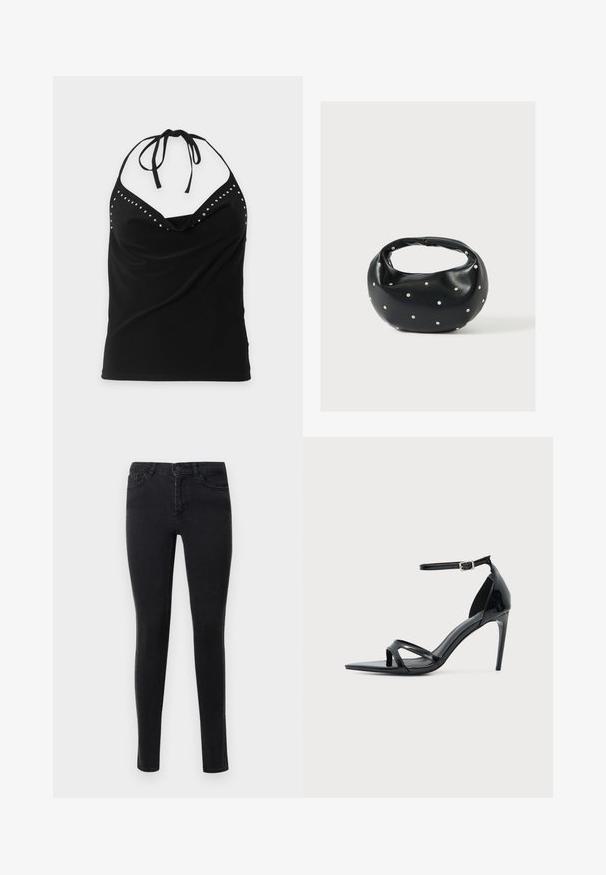 Sort halterneck ærmeløs top med sølvnitte detaljer langs halsudskæringen og et draperet forstykke.; Sorte skinny jeans lavet af denim med en glat tekstur. Har forlommer og dekorativ syning langs sidesømmene.; Sort laklædersandal med høje hæle, tynd ankelrem, åben tå og minimalistisk design på en ensfarvet lys baggrund.; Sort læderhåndtaske med en rundet form, dekoreret med sølvnitter, og et kort håndtag. Glat tekstur og lynlåslukning.