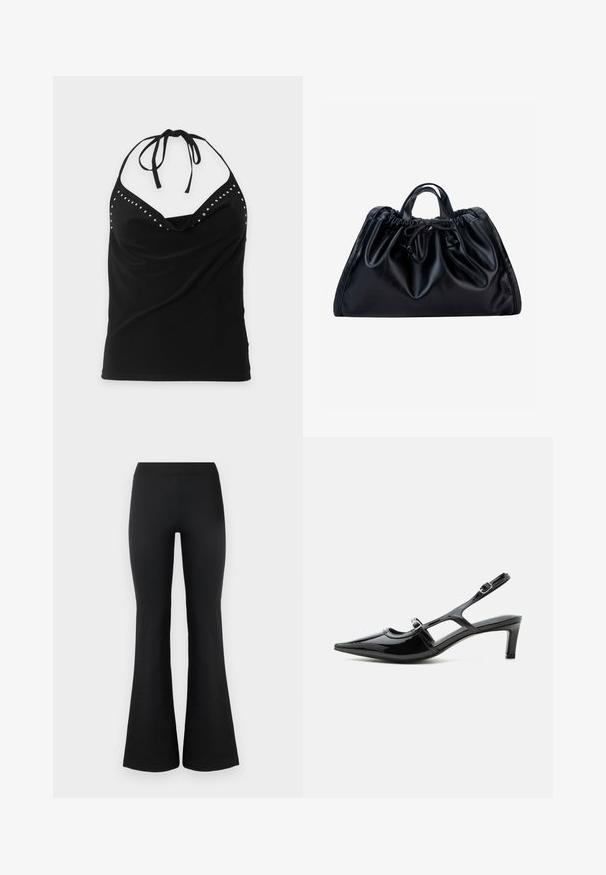 Top noir sans manches à col halter avec des clous argentés le long de l'encolure et un devant drapé.; Pantalons évasés noirs en tissu lisse et extensible. Dotés d'une taille haute et de bords évasés pour un look ajusté. Design simple.; Chaussure slingback en cuir verni noir à bout pointu, petit talon et deux brides réglables avec boucles, vue de profil latéral.; Sac à main en cuir noir avec haut froncé, petites poignées doubles et fermeture par cordon noué au centre devant sur fond blanc.