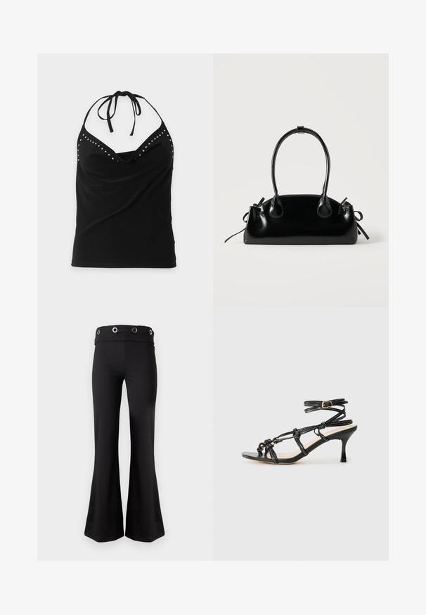 Μαύρο αμάνικο τοπ με halter neck, διακοσμημένο με ασημένιες τρουκ κατά μήκος της λαιμόκοψης και με σχεδιασμό draped στο μπροστινό μέρος.; Μαύρο φαρδύ παντελόνι με φαρδύ ζωνάρι που διαθέτει τέσσερις ασημένιες οπές, εμφανίζεται σε απλό φόντο.; Μαύρο λουστρινένιο ψηλοτάκουνο πέδιλο με σχεδίαση με λουριά, ρυθμιζόμενο λουράκι στον αστράγαλο και κόμπο λεπτομέρειες. Λείος υφής, μυτερή τελείωση.; Μικρή μαύρη γυαλιστερή τσάντα με δύο μακριές λαβές και λεπτομέρειες με ρυθμιζόμενο κορδόνι στο πλάι σε απλό ανοιχτό φόντο.