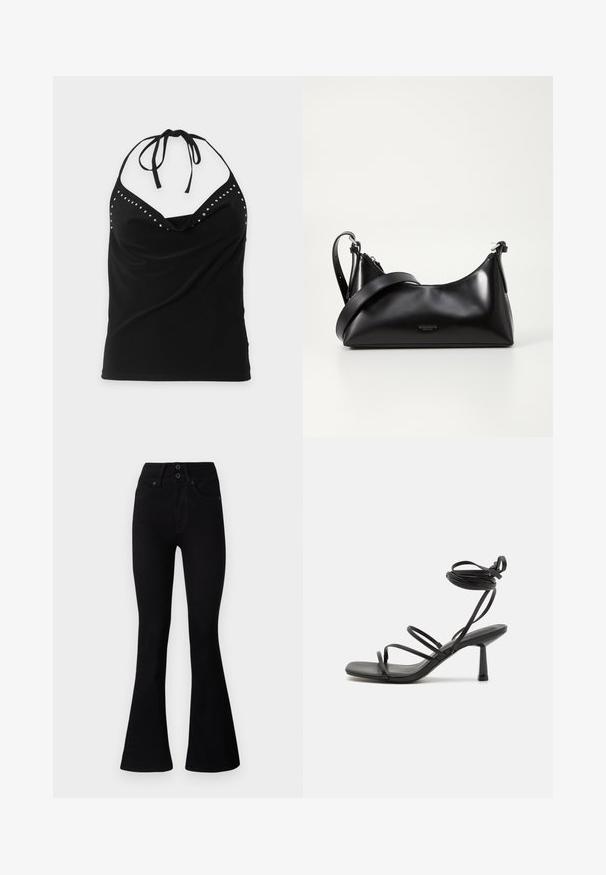 Zwart mouwloos topje met halternek en zilverkleurige studs langs de halslijn, met een gedrapeerd voorpand.; Pepe Jeans FLARE CONTOUR - Flared Jeans - black denim; Zwarte bandjes sandaal met een vierkante neus, verstelbare enkelbandjes en een slanke blokhak. Gemaakt van een glad, duurzaam materiaal.; Zwarte leren handtas met een gladde textuur. Beschikt over een verstelbare schouderband en een strak, minimalistisch ontwerp met een ritssluiting.